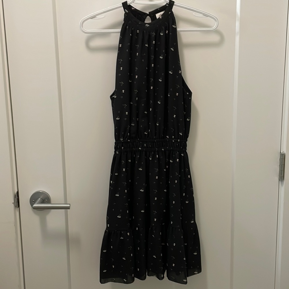 Wilfred Mini Halter Dress in Black with floral pattern. Size XS.